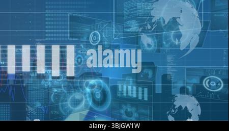 Displaying interface on screen with panels showing bar or line charts, gauges, globes, percentages Stock Photo