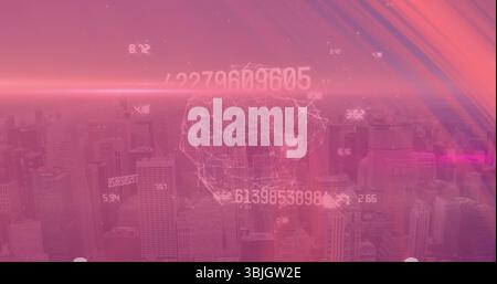 Displaying 3D wireframe head over pink-tinted urban skyline, with numeric readouts and light flares Stock Photo