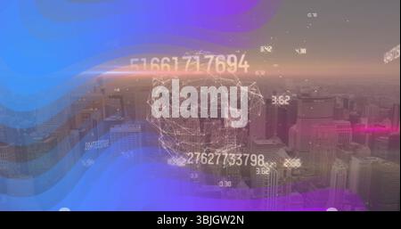 3D wireframe brain network floating over city with data labels, mesh nodes and translucent overlays Stock Photo