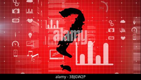 Displaying black question mark silhouette on digital data dashboard, with gear cloud chart icons Stock Photo