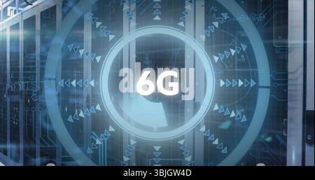 Displaying digital interface projecting glowing 6G text in server rack room, with translucent HUD Stock Photo