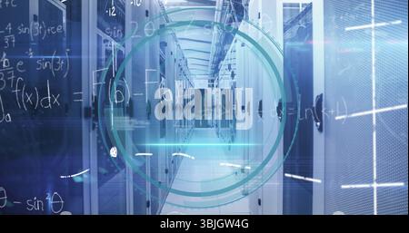 Illuminating data center corridor showing LED lights, servers, network cabling and HUD overlays Stock Photo