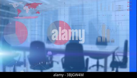 Displaying empty oval table with ergonomic office chairs in conference room, with data overlays Stock Photo