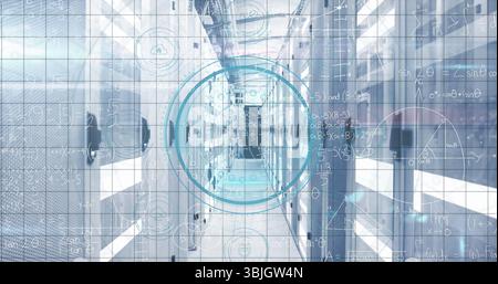 Displaying data center corridor, featuring server racks, raised floor, floating blue data graphics Stock Photo