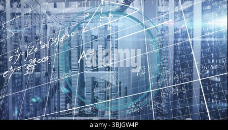 Showing server rack with equations, network cables and cloud icon in data center, with blue LEDs Stock Photo