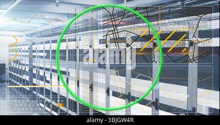 Displaying server racks showing digital network overlay in data center, highlighting connectivity Stock Photo
