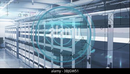 Displaying server racks lining server room corridor, showing cabling, LED lights, interface overlay Stock Photo