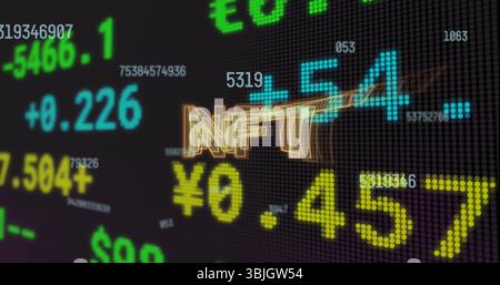 Displaying 3D gold NFT text over digital ticker board, with dot-matrix data and currency symbols Stock Photo