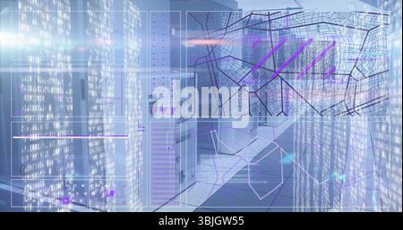 Showing digital UI panels overlaying server room, with LED racks, switch panels, map, code charts Stock Photo