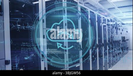 Showing translucent cloud computing icon floating above data center corridor, lined by server racks Stock Photo