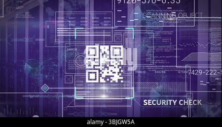 Displaying security UI featuring QR code scanning brackets, data streams, text labels and gridlines Stock Photo