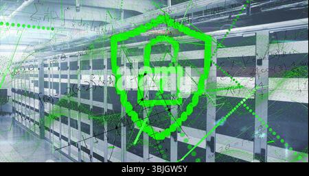 Shielding green digital shield icon protecting data in secure data center, with server racks Stock Photo