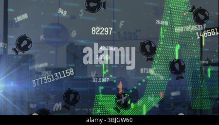 Displaying green dotted arrow over city skyline at dusk, with candlestick bars and financial values Stock Photo