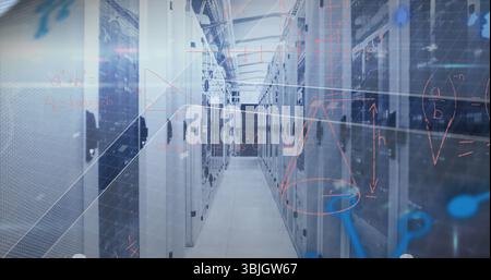 Showing empty aisle reflecting lights in server room, with server racks and schematic overlays Stock Photo