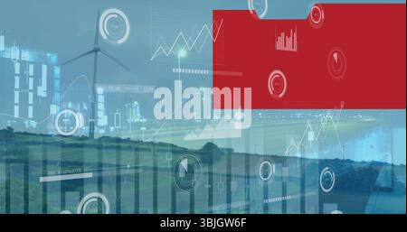 Displaying wind turbine overlaying dashboards at wind farm, with charts, HUD readouts, red UI panel Stock Photo