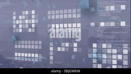 Displaying cluster of translucent grid panels overlaying blurred dusk skyline, with code and charts Stock Photo