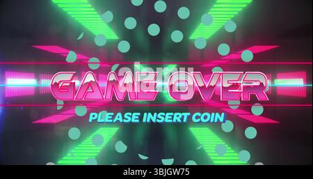 Displaying neon pink GAME OVER and cyan PLEASE INSERT COIN on retro arcade screen, light beams Stock Photo