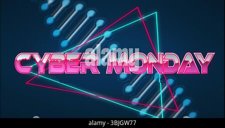 CYBER MONDAY text glowing on digital poster, with pink and teal triangles and blue circuit nodes Stock Photo