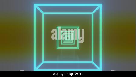 Displaying glowing neon square frames forming tunnel in virtual space, with yellow band Stock Photo