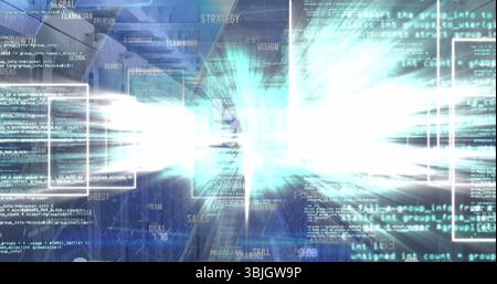 Bursting central light sending source code streams in virtual workspace, with floating code panels Stock Photo