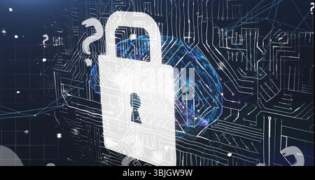 Displaying white padlock icon overlaying neural network in circuitry backdrop, with question marks Stock Photo