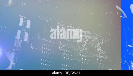 Displaying holographic world map hovering over console, with grid lines lat or long markers and dots Stock Photo