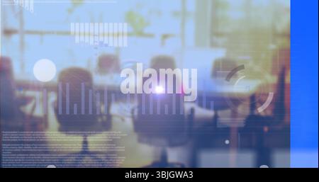 Displaying empty swivel chairs surrounding table in conference room with floating UI overlays Stock Photo