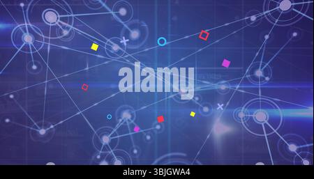 Displaying glowing nodes linking white lines, colored shapes, lens flare in virtual data network Stock Photo