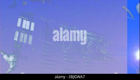 Showing translucent world map on virtual interface, with circular nodes, grid bars and lens flare Stock Photo