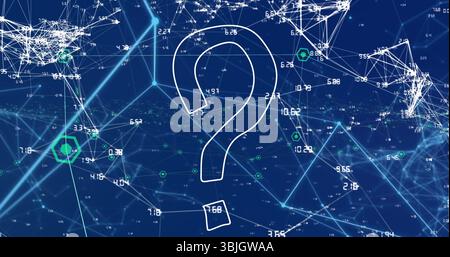 Displaying white question mark in network with lines linking nodes, numbers and green hexagons Stock Photo
