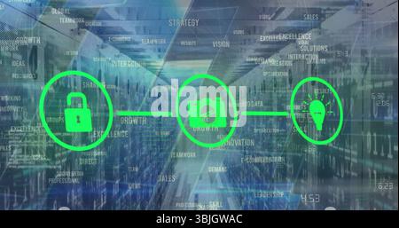 Displaying green camera icon over server room corridor with server racks floating buzzwords Stock Photo