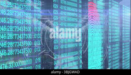 Displaying turquoise fingerprint graphic overlaying scrolling numeric code in server rack aisles Stock Photo