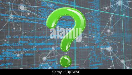 Floating 3D green question mark hovering over digital interface with code, network lines and nodes Stock Photo