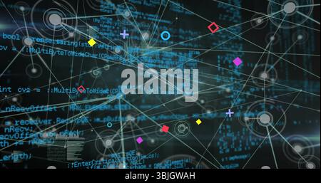 Displaying abstract digital network in data environment, with colored geometric nodes and code text Stock Photo