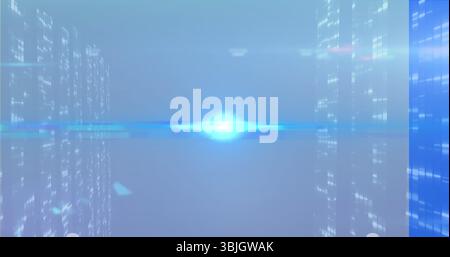 Hovering glowing blue orb within digital corridor, with translucent skyscrapers and lens flares Stock Photo