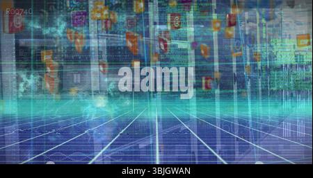Displaying glowing grid environment extending through virtual space with app icons and data pillars Stock Photo
