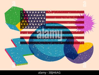 Risograph American Flag with speech bubble with geometric shapes. Objects in trendy riso graph print texture style design with geometry elements. Stock Vector