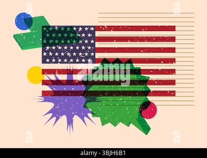 Risograph American Flag with speech bubble with geometric shapes. Objects in trendy riso graph print texture style design with geometry elements. Stock Vector