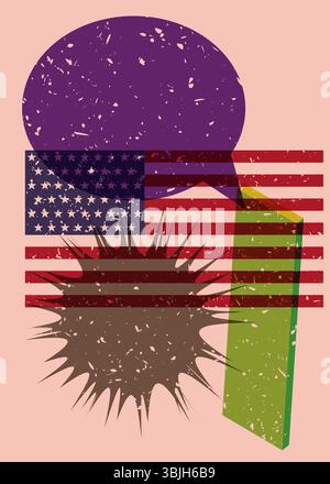 Risograph American Flag with speech bubble with geometric shapes. Objects in trendy riso graph print texture style design with geometry elements. Stock Vector