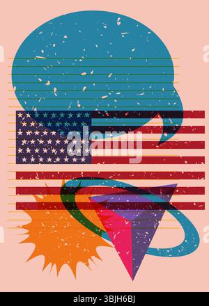Risograph American Flag with speech bubble with geometric shapes. Objects in trendy riso graph print texture style design with geometry elements. Stock Vector