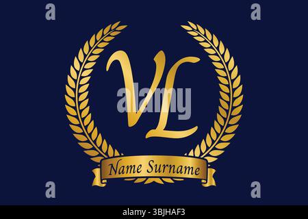 Initial letter V and L, VL monogram logo design with laurel wreath. Luxury golden emblem with calligraphy font. Stock Vector