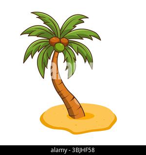 Palm Coconuts Tree on a Sandy Island Vector Illustration Cartoon Design Stock Vector