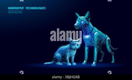 Robotic dog cat low poly design. Geometric pet animals polygonal illustration. Technology artificial intelligence future veterinary. Dark blue Stock Vector