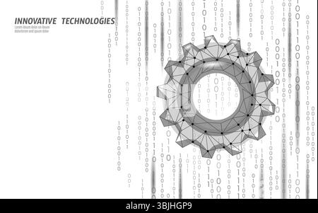 Digital gear with binary code overlay. Low poly network mechanics concept art. Engineering technology software applications. Futuristic connection Stock Vector