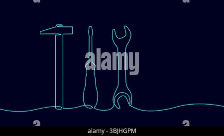 One line tools illustration. Continuous outline instruments repair construction service. Hammer screwdriver wrench industry maintenance handyman. Dark Stock Vector