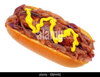 Grilled pork sausage in a brioche bread finger roll with fried onions and mustard isolated on a white background Stock Photo