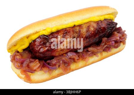 Grilled pork sausage in a brioche bread finger roll with fried onions isolated on a white background Stock Photo