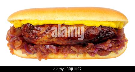 Grilled pork sausage in a brioche bread finger roll with fried onions isolated on a white background Stock Photo