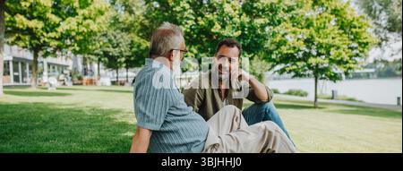 Handsome mature man talking with his older father. Stock Photo