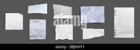 Crumpled paper sheets set - various white and checkered wrinkled page pieces with torn, ripped edges isolated on black background. Blank note, notebook leaf realistic vector illustration collection. Stock Vector